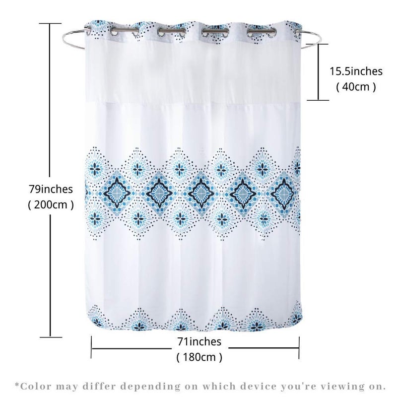 Ecoehoe Long 71x79 Hotel Grade Fabric Hook Free Shower Curtain with Polyester Replacement Liner White&Blue Boho Style â€“ Machine Washable Top See Through Mesh Window - Image 5